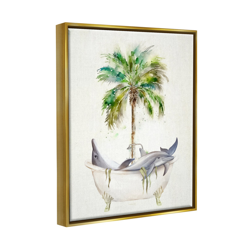 «Tropical Dolphins Bathroom Bath Floater Canvas» par Ziwei Li, H 31 po x l 25 po x P 1,7 po, Cadre flottant métallique doré