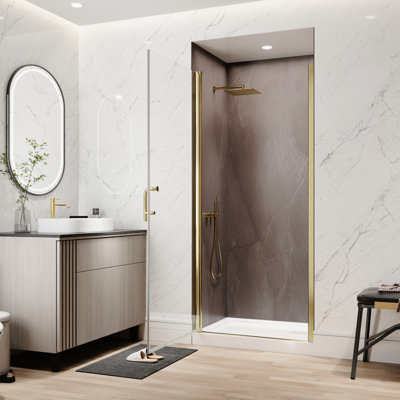 Porte de douche pivotante en verre de 34 à 36 po x H 72 po avec porte de 1/4 po Verre transparent, installation réversible pour une configuration de salle de bain personnalisée, fonction anti-éclaboussures en or brossé, installation, conception réglable,