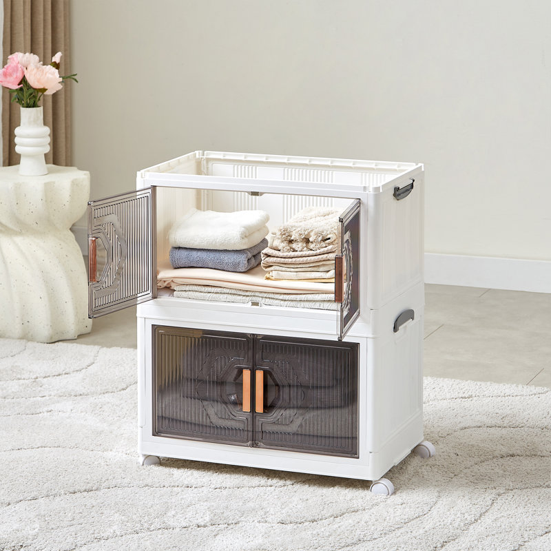 White Collapsible 3-Tier Plastic Storage Bins with Wheels