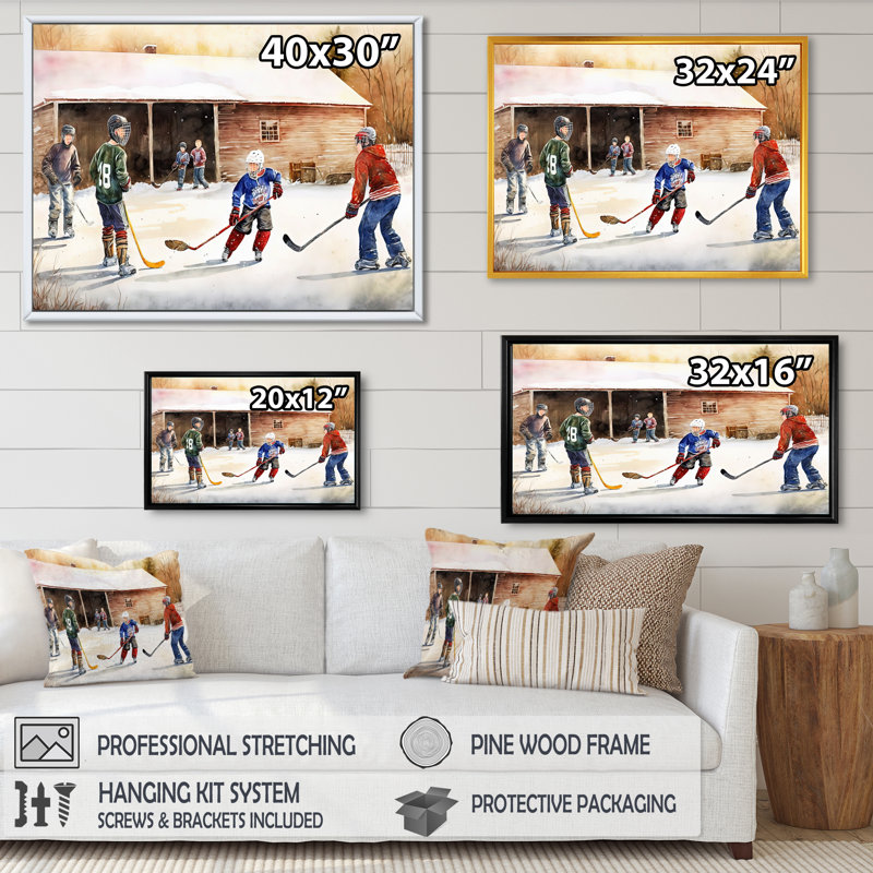Enfants jouant au hockey sur la patinoire III - Impression sur toile, H 24 po x l 32 po x P 1 po