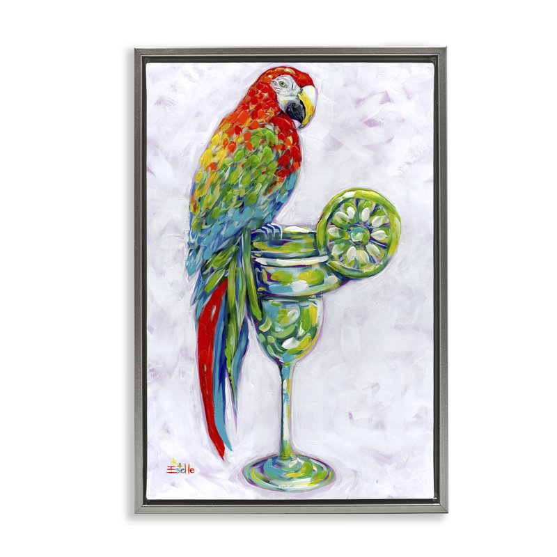 Toile perchée Margarita perroquet par Estelle Grengs, Cadre flottant gris lustré, H 25 po x l 17 po