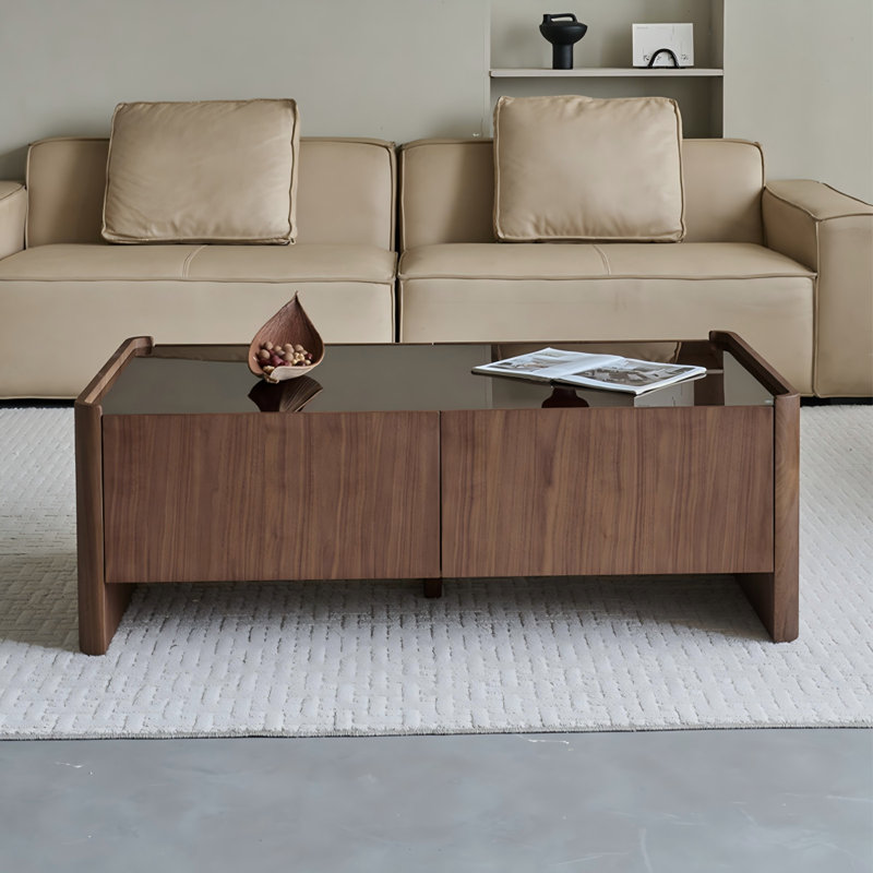Table basse en bois manufacturé brun et verre trempé, H 17,72 po x L 47,24 po x l 23,62 po