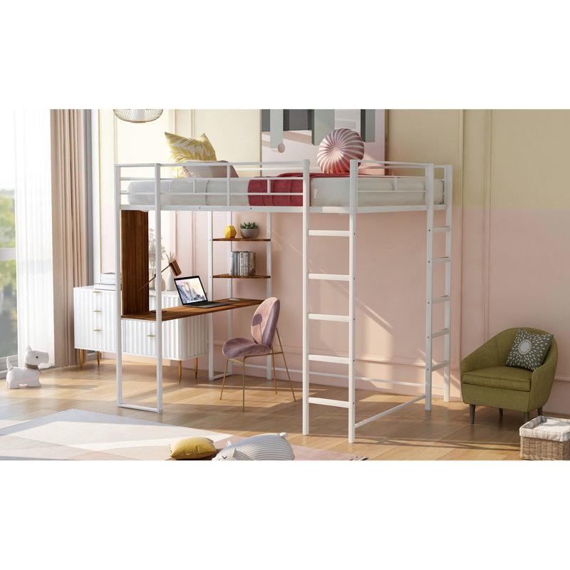 Lit mezzanine double en métal blanc avec bureau et 2 tablettes, Blanc