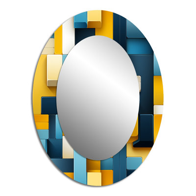 Yellow And Blue Geometric Blocks Harmony - Modern Oval Wall Mirror