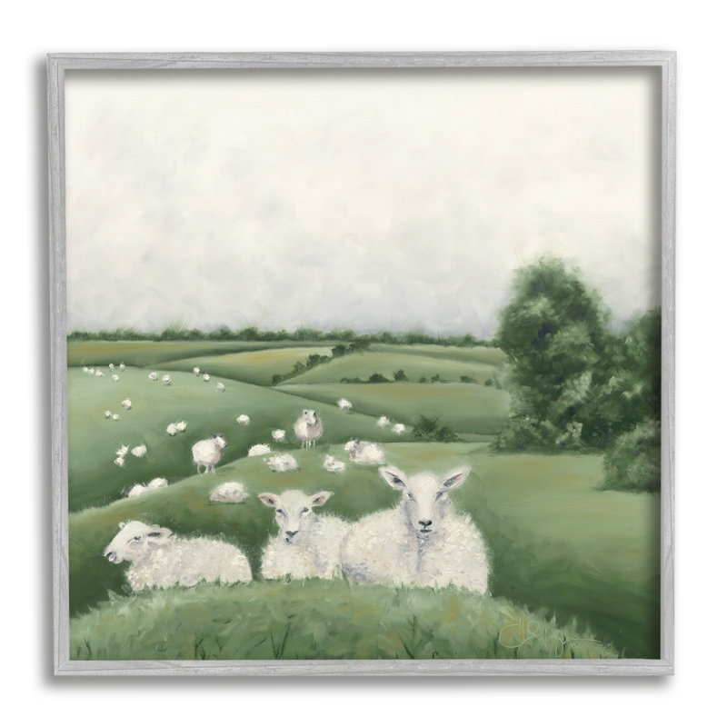Troupeau de moutons en vert Rolling Hills Illustration, L 17 po x H 17 po, Estampe numérique Farmhouse