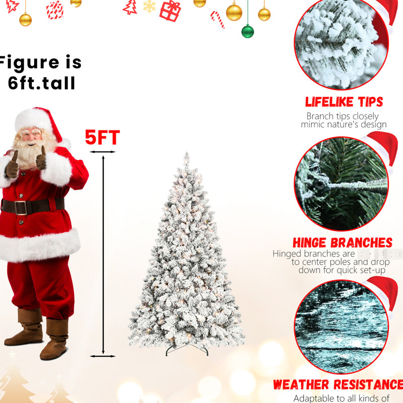 Arbre de Noël enneigé 8 pi avec 700 lumières Ul, 54 pins, pointes enneigées, structure à charnières 1754, support en métal robuste pour l'apparence des Fêtes d'hiver, feuillage véritable, design, décoration de base stable