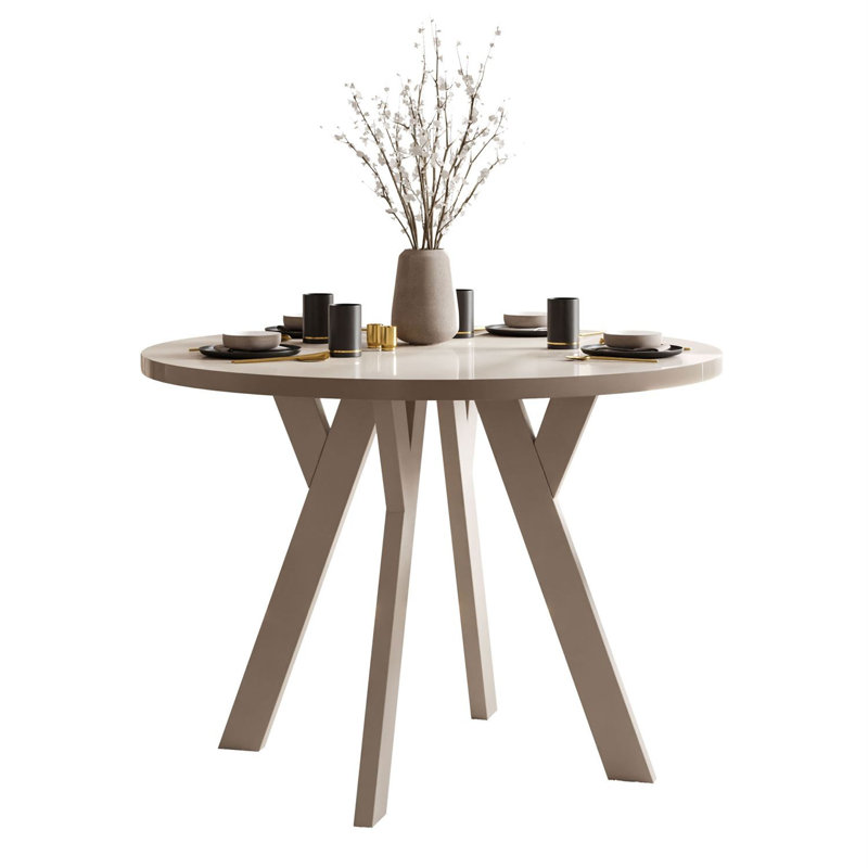 Extendable Round Metal Base Dining Table, Cashmere, Cashmere gloss