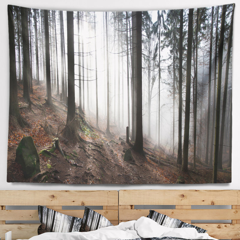 Tapisserie panorama paysage misty forest matinée, H 32 po x l 39 po