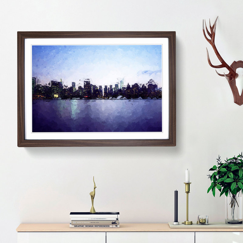 Night skyline of New York in Abstract - Picture Frame Graphic Art Print, 27cm H x 36cm W x 2cm D, Walnut Framed