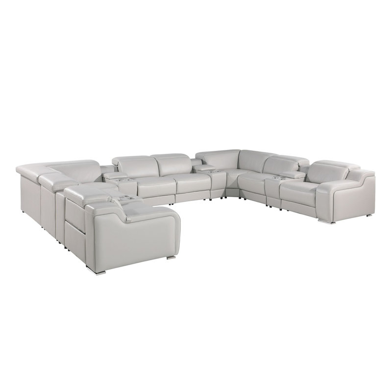 Canapé modulaire en U inclinable en cuir italien clair de 12 pièces avec console
