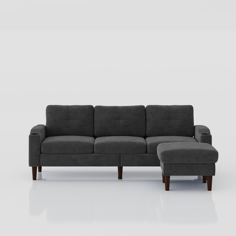 Canapé en L en forme de L avec repose-pieds et porte-gobelets Frizzell, Marron foncé, Gris foncé
