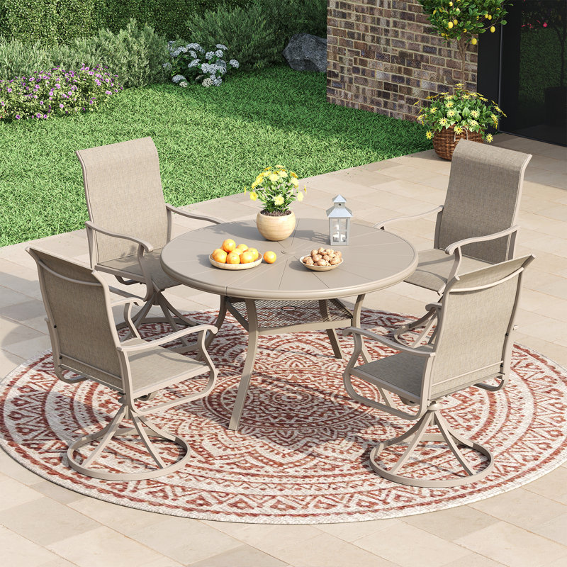 Aluminum Patio Dining Set with  Round Dining Table and 4 Swivel PVC-coated polyester  Dining Chairs, Cream/Sandshell