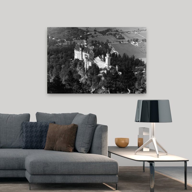 Années 30, années 40, art mural de l'architecture de la faune rétro classique de Neuschwanstein, 32" H x 48" W