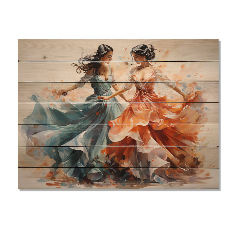 «Peach Blue Indian Art Kathak Dancers» sur impression sur bois, H 30 po x l 40 po x P 0,78 po