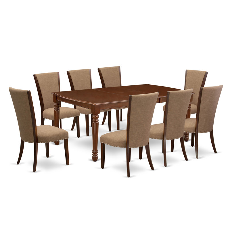 Cet ensemble de salle à manger 9 pièces comprend une table de salle à manger rectangulaire avec feuille papillon et 8 chaises rembourrées en tissu de lin sable clair, acajou