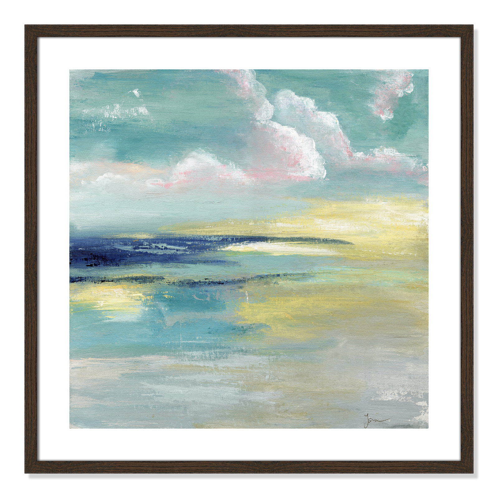 Bertie "Ocean View" Painting by Tava Studios, 28.75" H x 28.75" W x 0.75" D, Walnut Wood Framed Paper