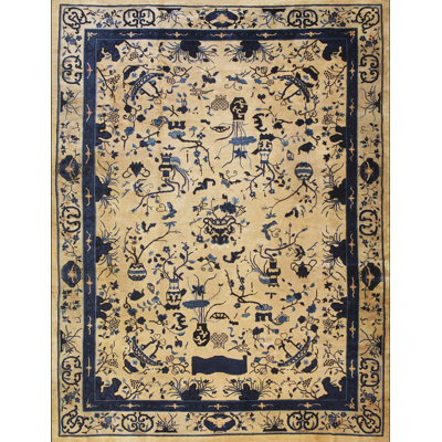 Tapis chinois antique ivoire et bleu Pékin