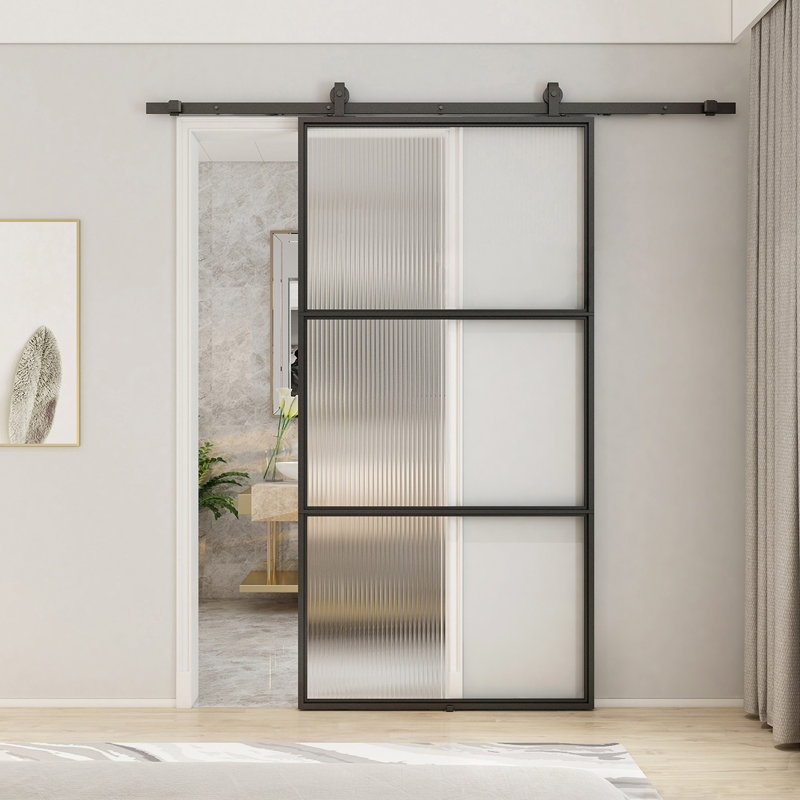 Porte de grange coulissante en verre rosé de 42 po x 84 po avec quincaillerie d'installation, 42 po x 84 po