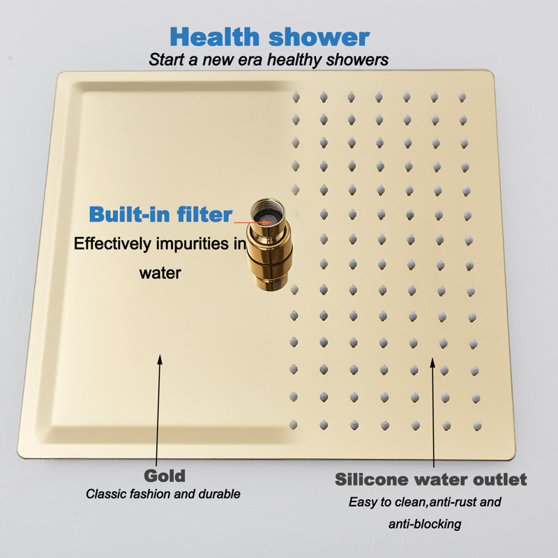 Système de douche avec bec de baignoire, ensemble de robinet de douche mural pour salle de bain avec pomme de douche à pluie de 12 pouces et ensemble de pomme de douche à main, or brossé