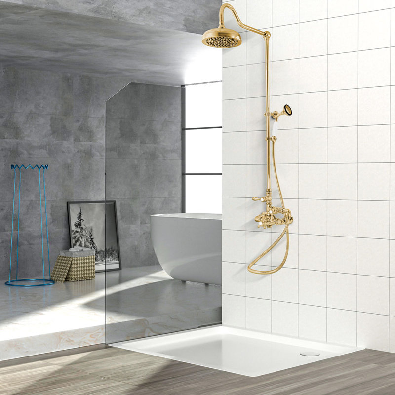 Exposed Thermostatic Shower and Handheld by Strom Living, Unlacquered Satin Brass
