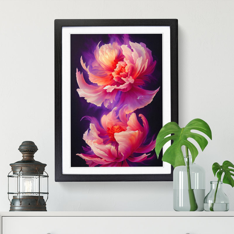 Peony Flower Flame Art - Single Picture Frame Print, Black, 46cm H x 34cm W x 2cm D