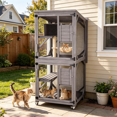 Catio Outdoor Cat Enclosure, 4 Tiers Outdoor Cat House with Wheels, Kitty Cages Indoor Large Window Catio -Waterproof Roof