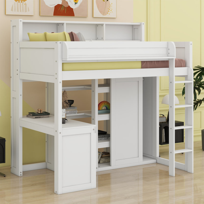 Lit mezzanine en bois avec plusieurs tablettes de rangement et garde-robe, Blanc