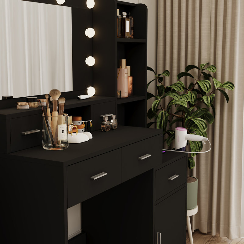 Coiffeuse pour chambre à coucher avec miroir - 4 tiroirs, 1 armoire, tablettes ouvertes, support pour sèche-cheveux, réglable, prise de courant, éclairage de meuble-lavabo à 2 ports et douille pour
