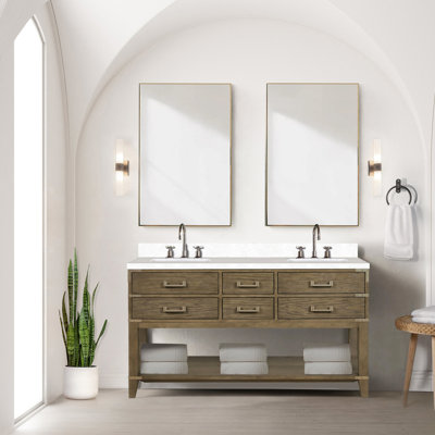 Grey Oak Double Bath Vanity 60" X 22" With White Quartz Top - Solid Wood, Soft Close, And Extensive Storage Facilities W Countertop, Plenteous Cabinet