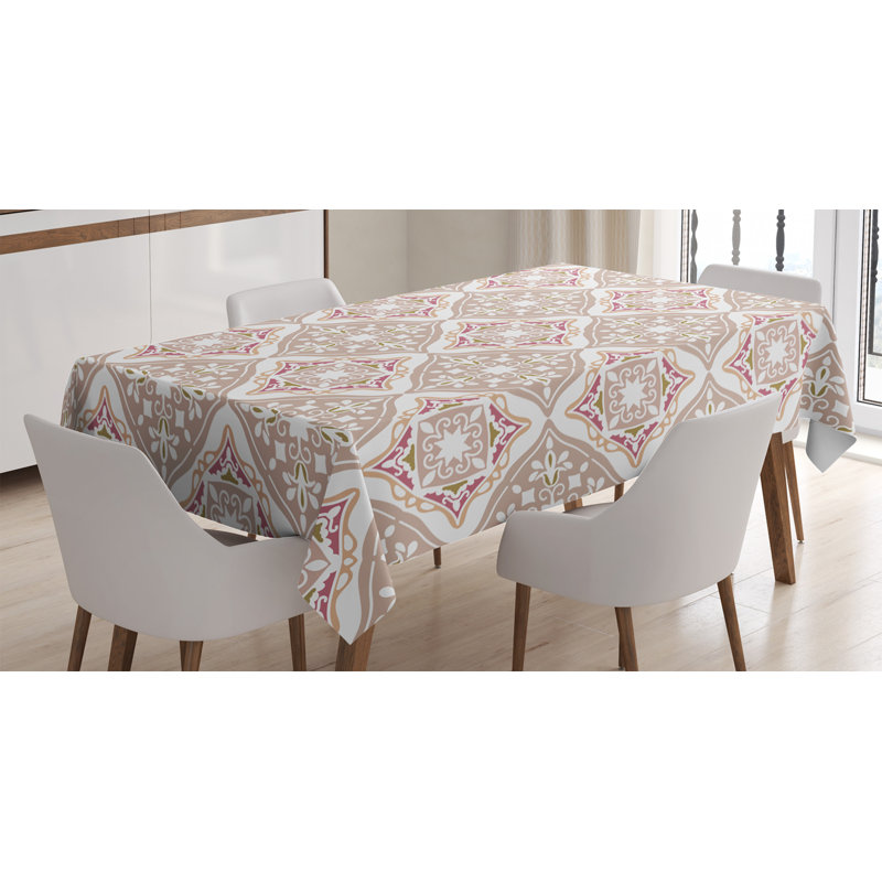 Moroccan Tablecloth, Pastel Colored Complex Tiles With Geometrical Shapes Persian Art, Rectangular Table Cover For Dining Room Kitchen Decor, 52" X 70", Beige Pink White