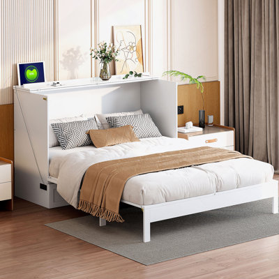 Lit escamotable double avec grands tiroirs, blanc