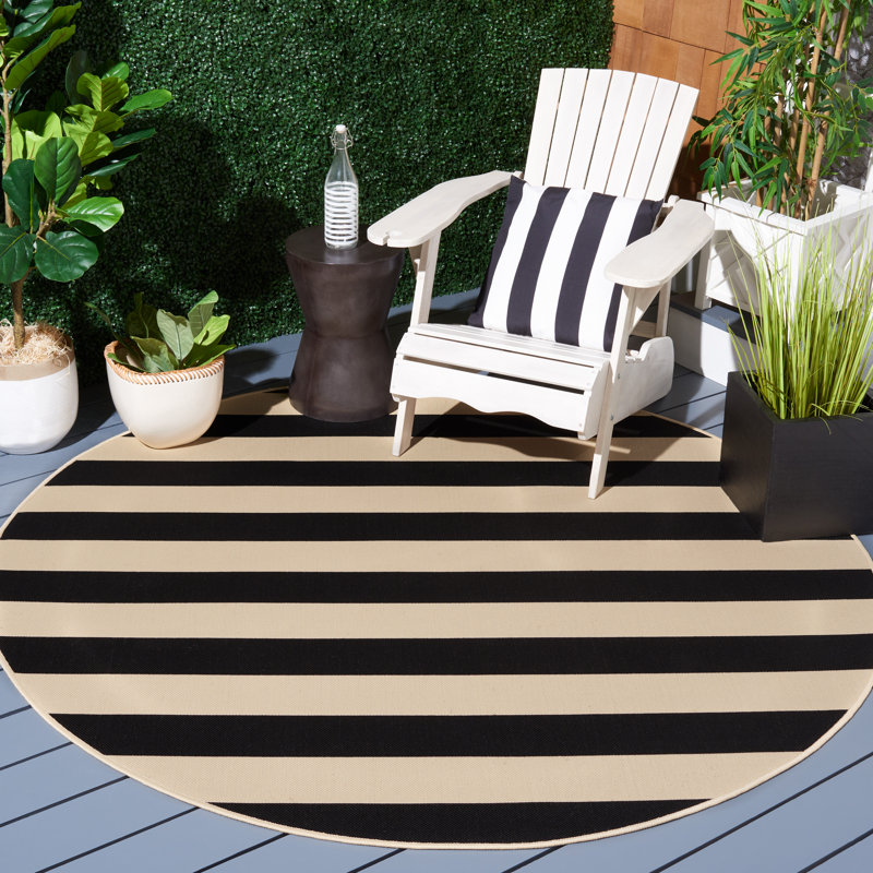 Tapis rayé beige / noir intérieur / extérieur Mestas, Rond 7 pi 1 po