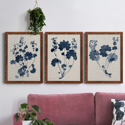" Navy And Linen Leaves II " 3 - Pieces Painting Print