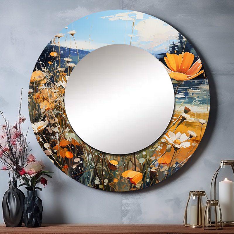 Sartore Sunny Meadows - miroir décoratif paysager, miroir mural rond moderne, impression d'art en métal, 29 po x 29 po