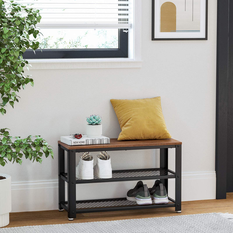 3-Tier Shoe Bench with Metal Mesh Shelves, Brown and Black