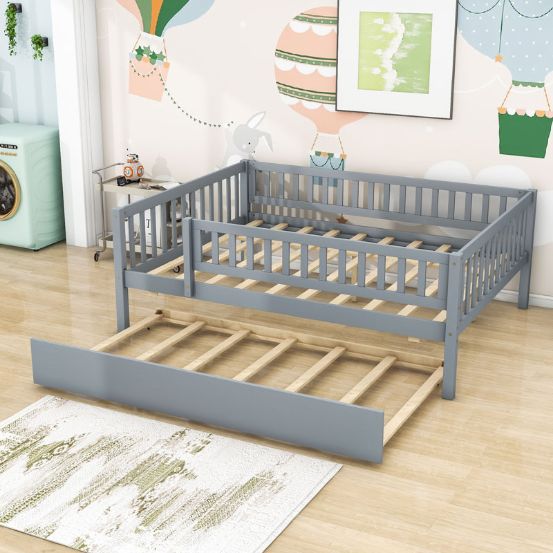 Wood Daybed with Twin Trundle and Guardrails, Gray, Full/Double