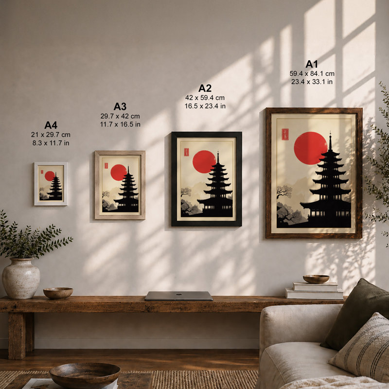 Pagoda Under Rising Sun Japandi - Framed Print, A1 - 84.1 x 59.4 cm, Oak