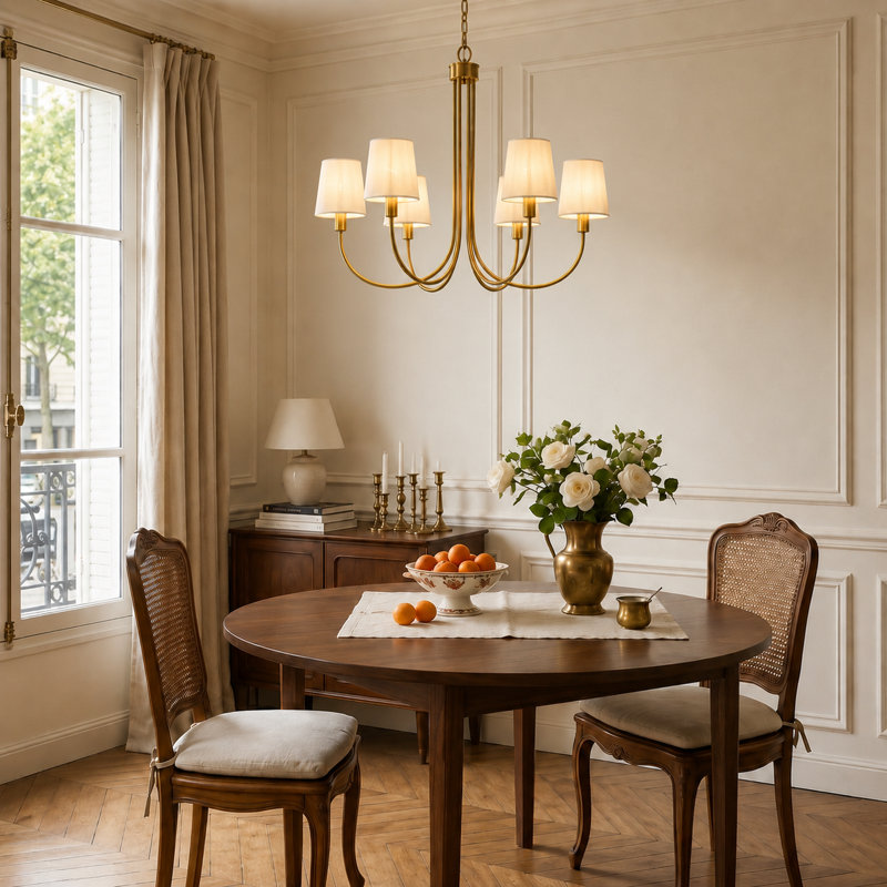 Lustre transitionnel moderne à 6 lumières avec abat-jour en tissu blanc Mckevitt