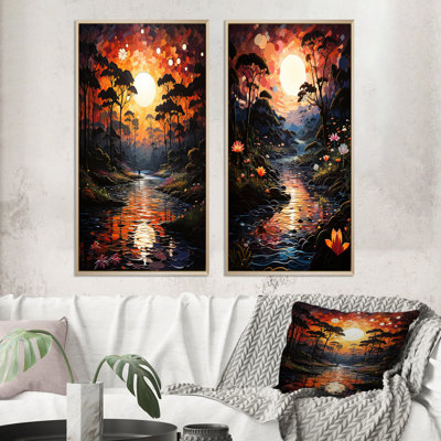 «Mystic Forest River Sunset Pastoral», 2 pièces