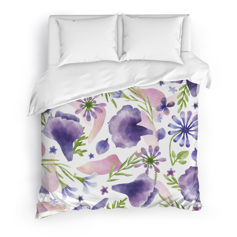 Purple Flowers Twill Duvet Cover, King Duvet Cover + 2 Pillow Cases