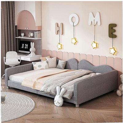 Lit de jour double rembourré en tissu sherpa avec dossier en forme de nuage, sans sommier tapissier, rose