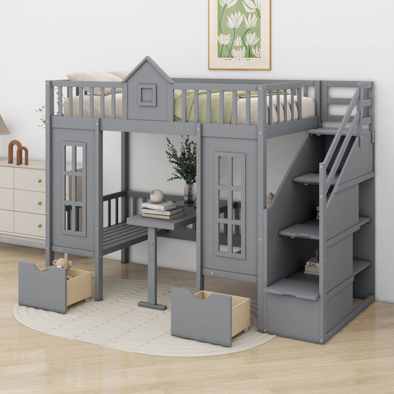 Adonya Kids Twin Over Twin Bunk Bed, Gray
