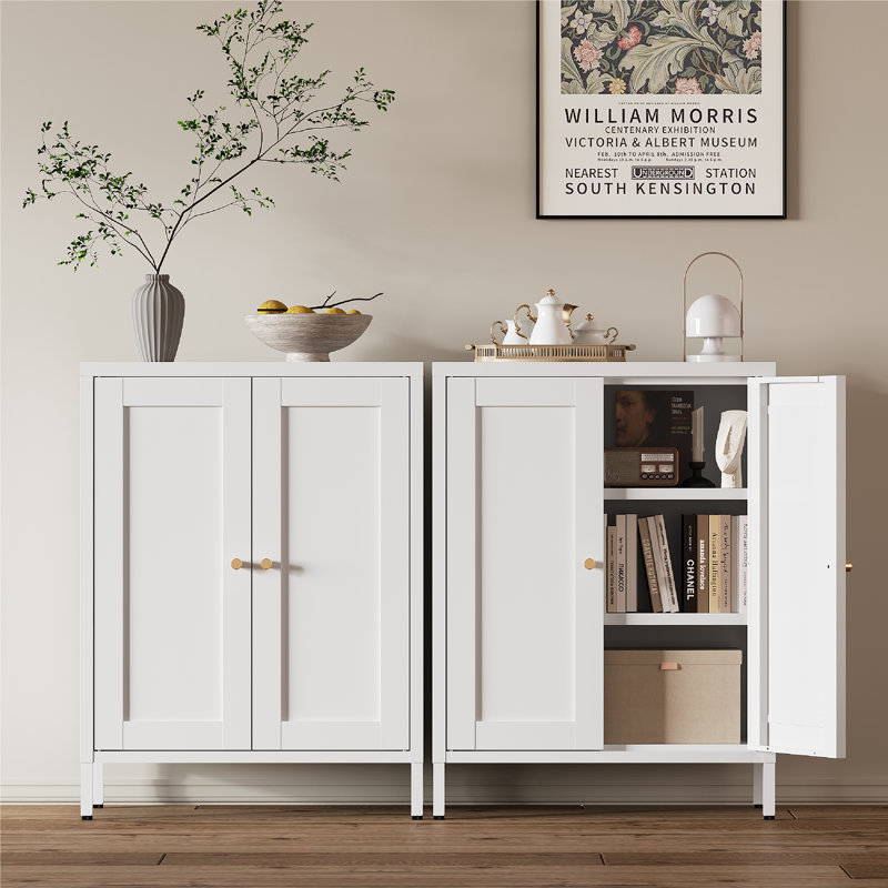 Armoire d'appoint en métal 31,5 po de hauteur avec 2 portes et 2 tablettes réglables, Blanc