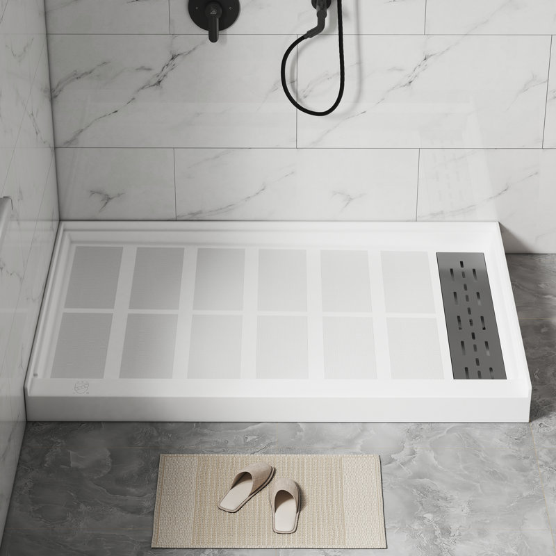 Single Threshold SMC Shower Pan Base With Drain Assembly & Drain Cover, Non-Slip, Right