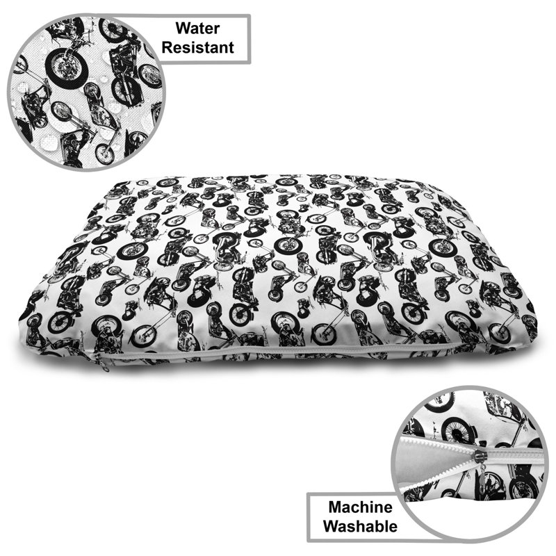 Lit pour chien Ambesonne, motif rétro Chopper Motocyclette Motif de croisières d'aventure, coussin à croquer pour chien et chat avec housse amovible, 24 po x 39 po, noir et blanc