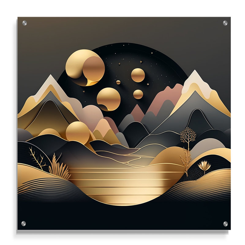 Dreamy Golden Mountain II - art mural abstrait en marbre pour cuisine, H 16 po x l 16 po
