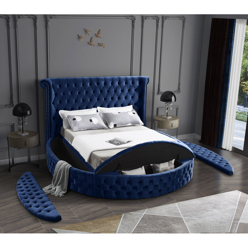 Lit plateforme tapissier avec rangement capitonné Dorgan, Velours marine, Double