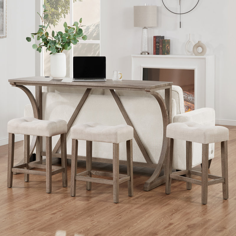 59" Wide 3-Piece Solid Wood Bar Table Set With USB Charging Port And Backless Stools, Cream, Brown/Beige