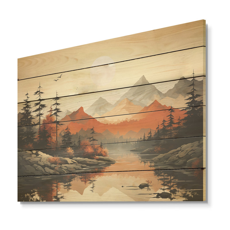«Mountain Whisper Sunset Dreams - Minimalisme», art mural sur bois de pin naturel, H 30 po x l 40 po