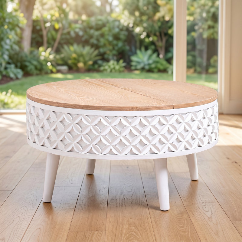 Table basse ronde avec rangement, plateau relevable, décor sculpté blanc, table décorative en bois robuste, style champêtre moderne bohémien